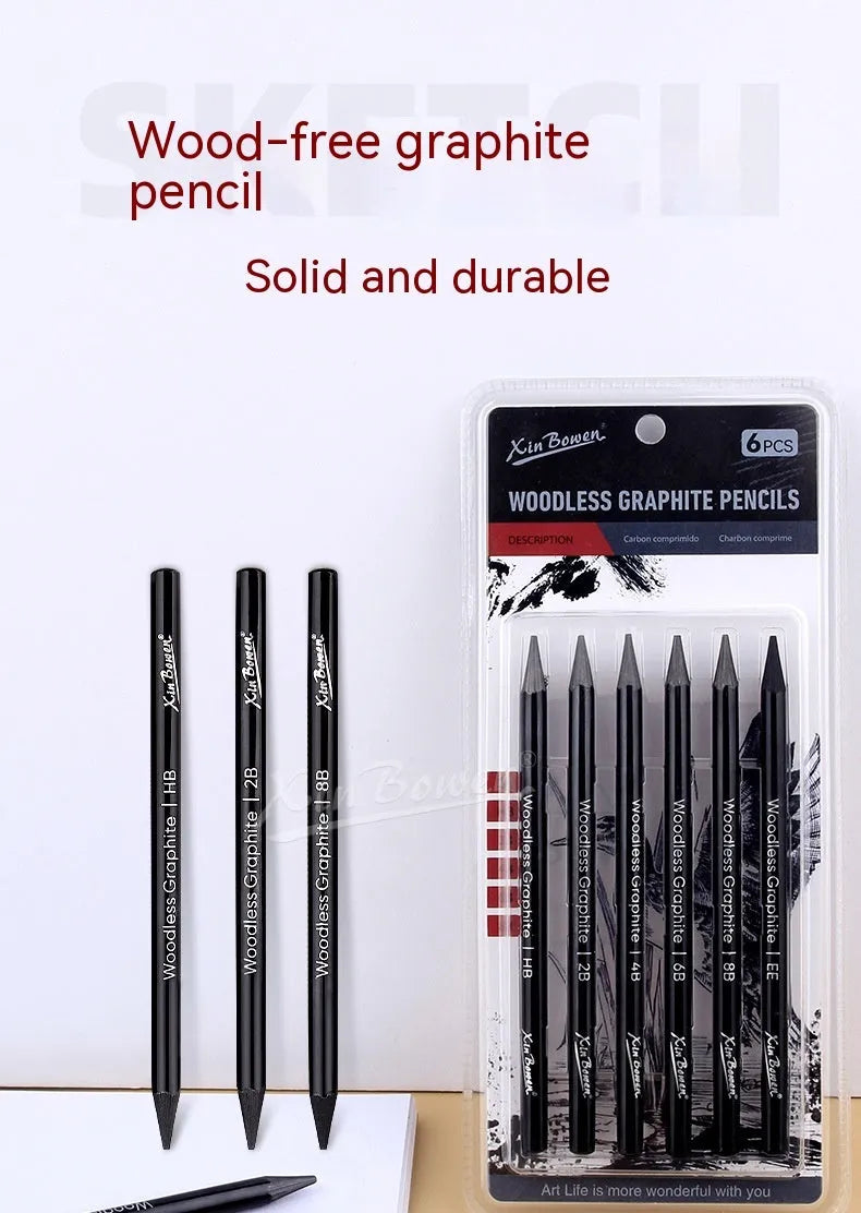 Graphite sketching pencil set with six art grades from HB to EE in wood-free construction
