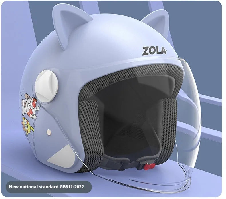 Adult electric bicycle helmet with attached winter scarf and anti-fog visor in blue colour