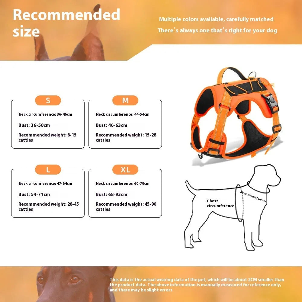Orange reflective dog harness with explosion-proof breast strap and black hand-holding rope laid flat