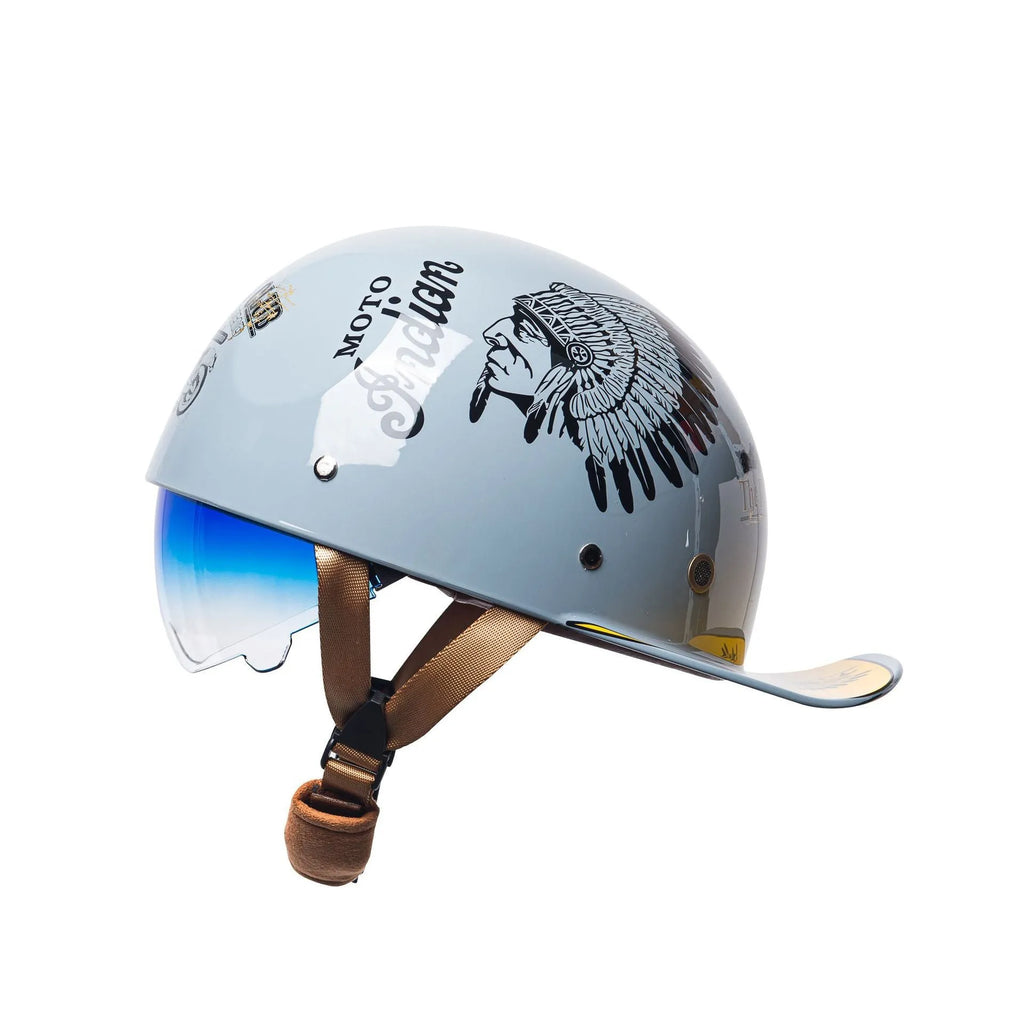 Men's electric bicycle retro half helmet in bright black gradient blue colour with visor