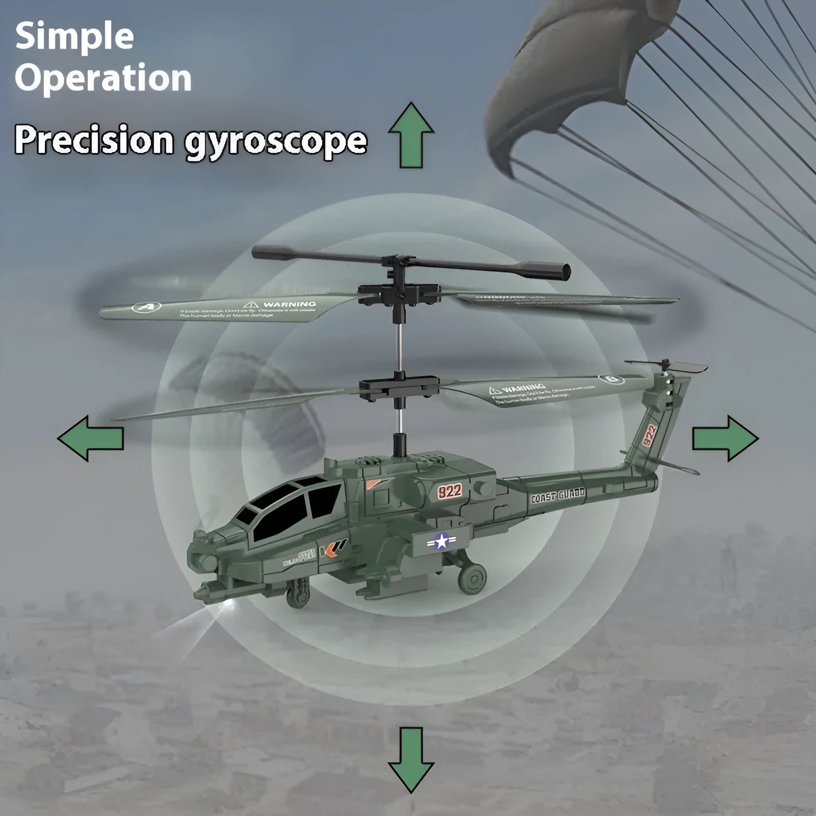 Apache remote control helicopter in army green with gyroscope and anti-fall design on display