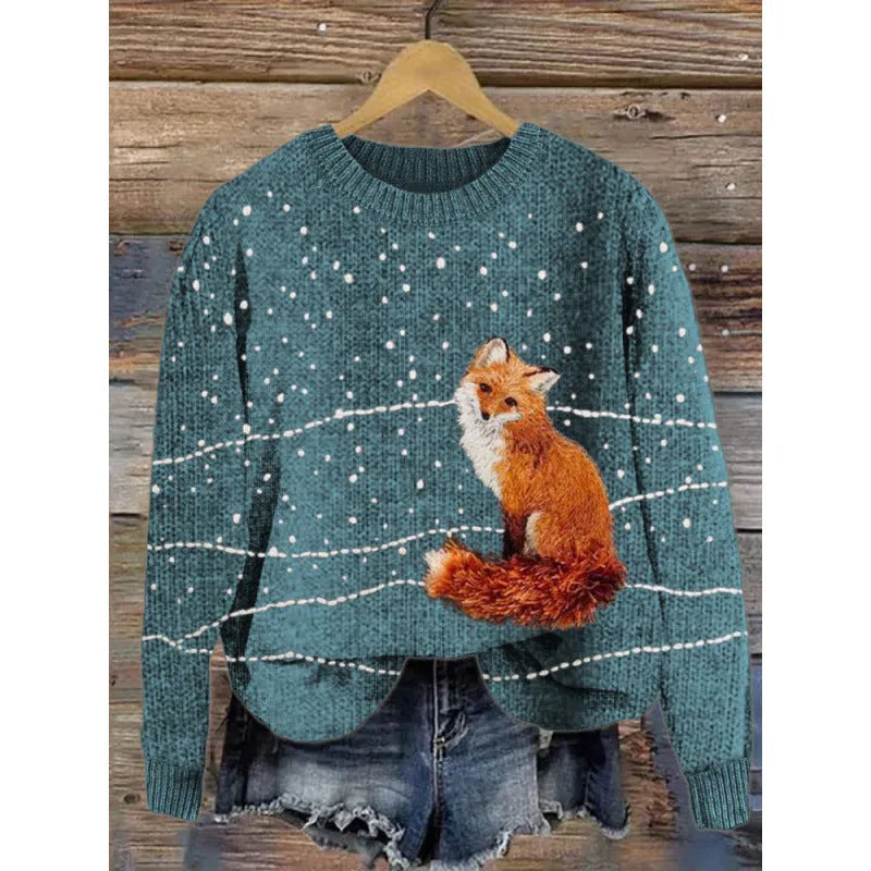 Women's round neck sweater with a small digital floral print in a solid colour.