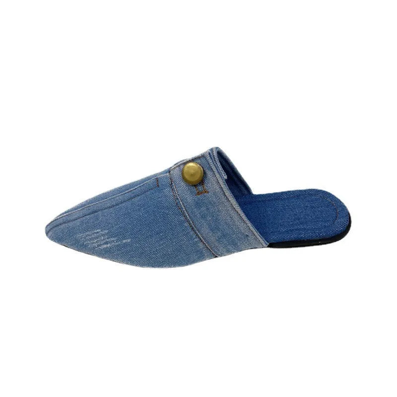 Women's washed denim flat closed toe slippers in light blue with canvas upper and rubber sole