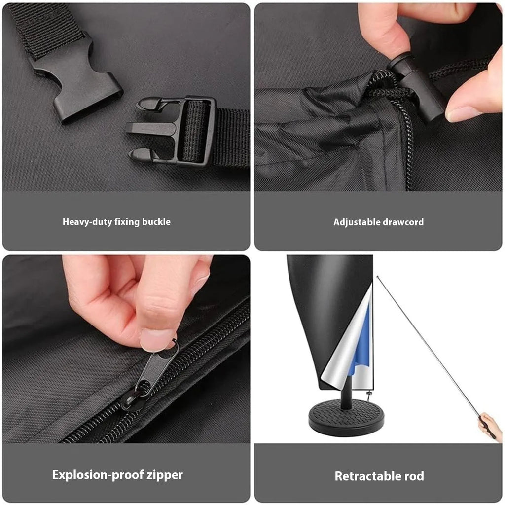 Black Oxford cloth waterproof cover for a grey offset banana-shaped garden umbrella.