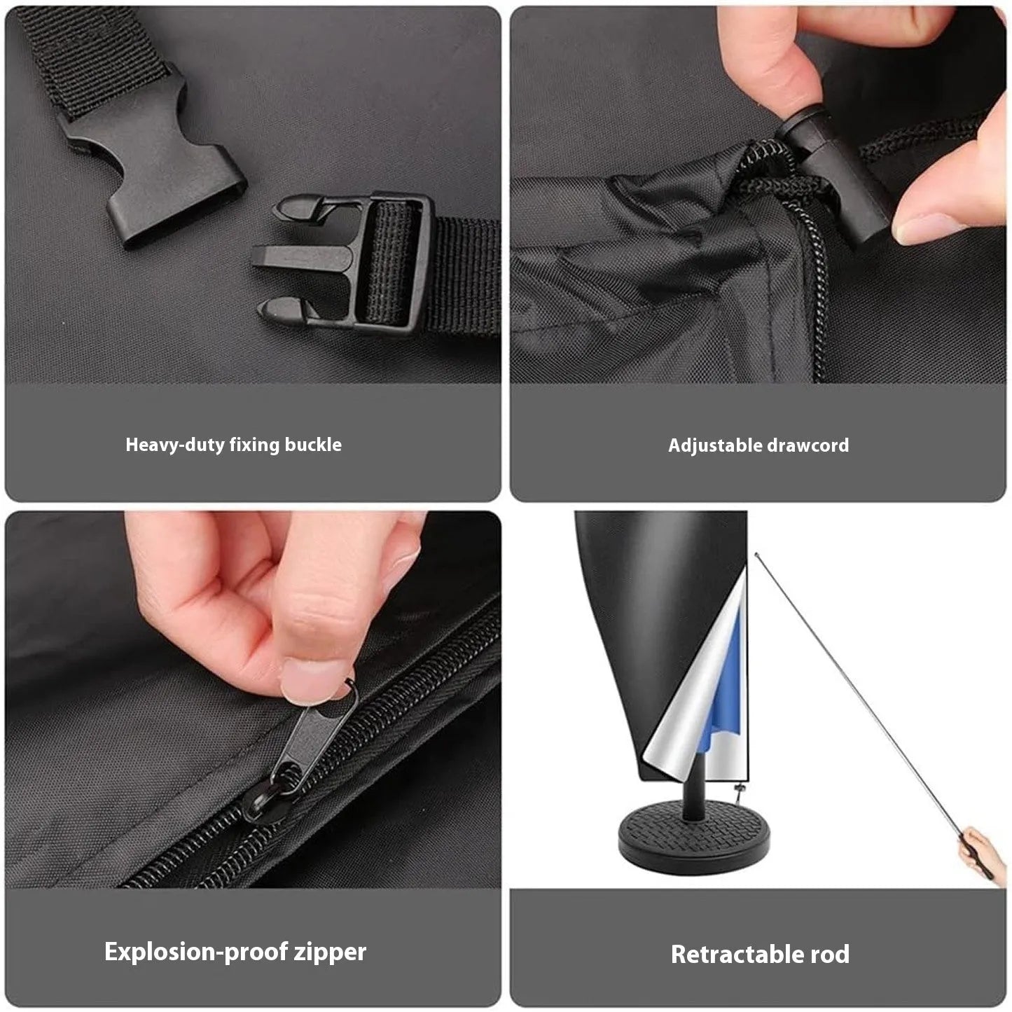 Black Oxford cloth waterproof cover for a grey offset banana-shaped garden umbrella.