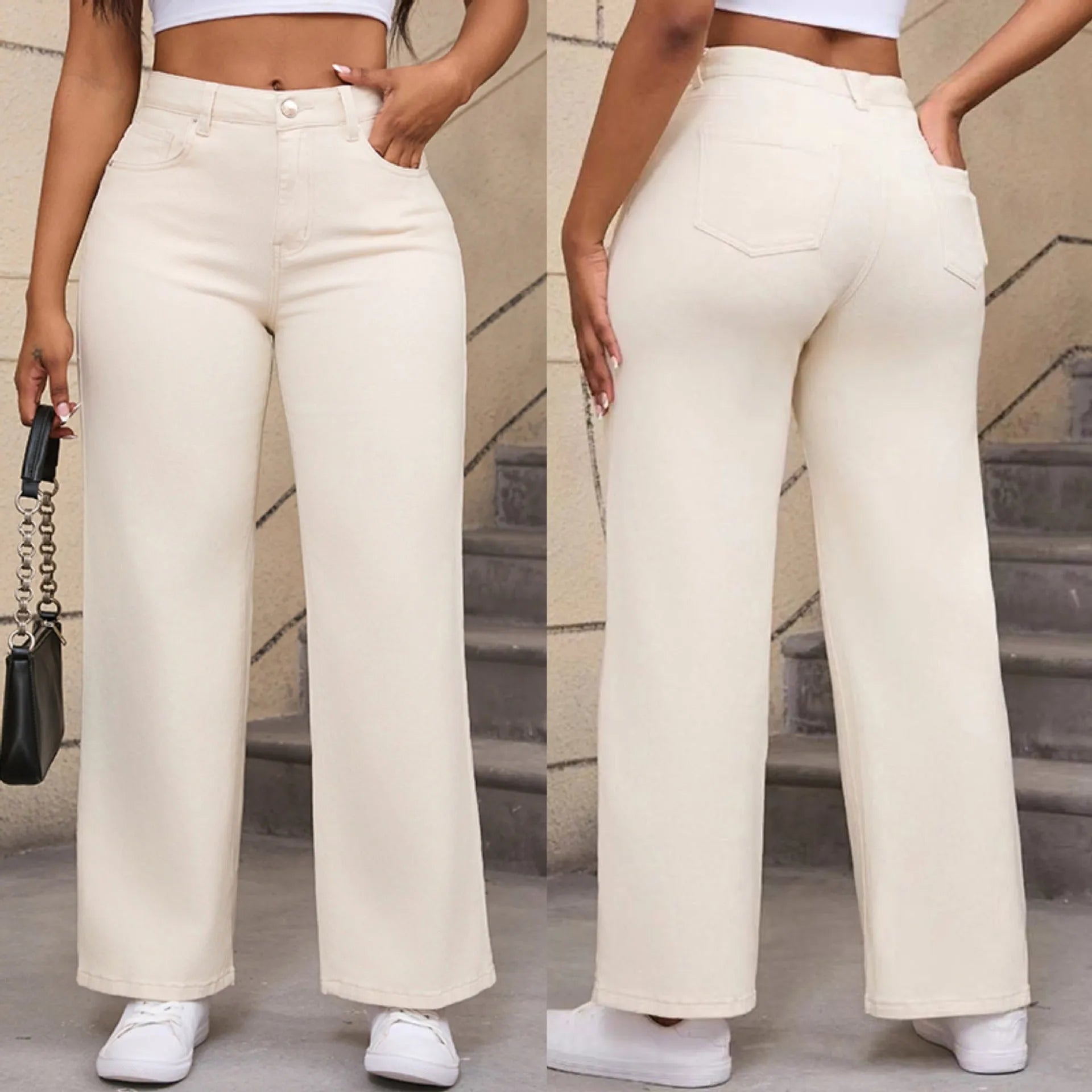 Women's autumn straight jeans in wide leg design, apricot colour, high waist