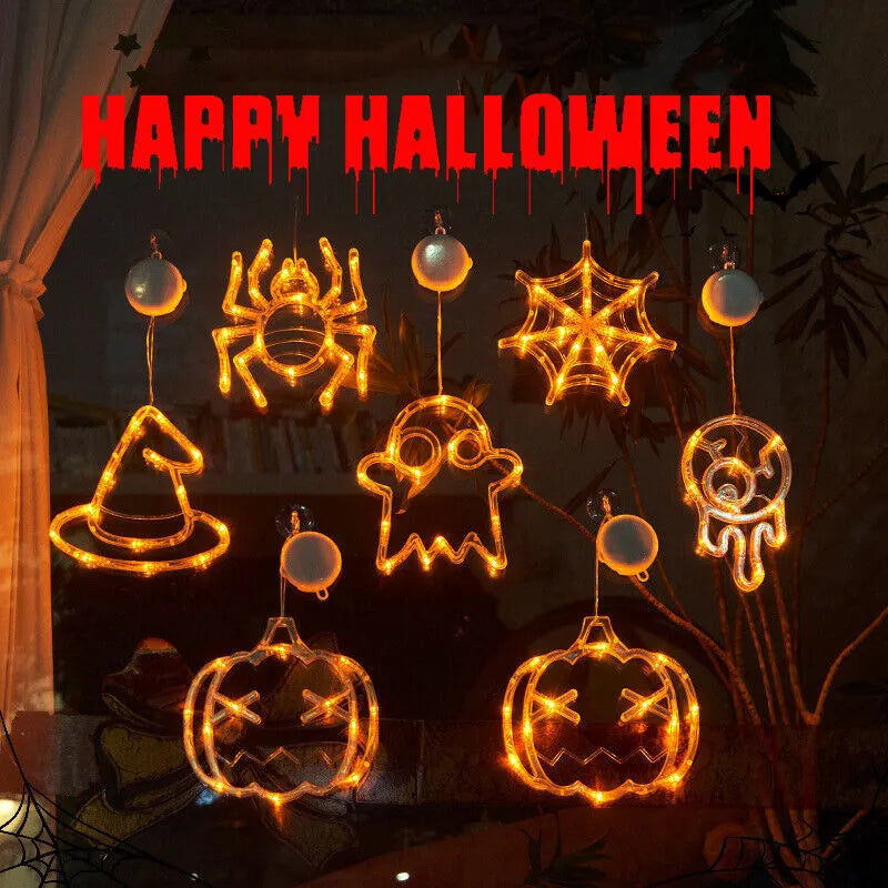 Halloween LED window hanging lights showing 7 horror characters including spider, pumpkin and ghost designs