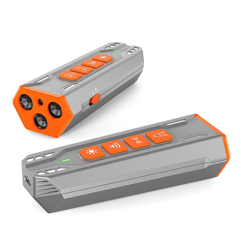 Three head ultrasonic dog trainer in black and orange colour with adjustable frequency controls