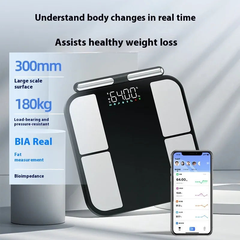 Black electronic bathroom scale with tempered glass platform showing body fat measurement on colour screen