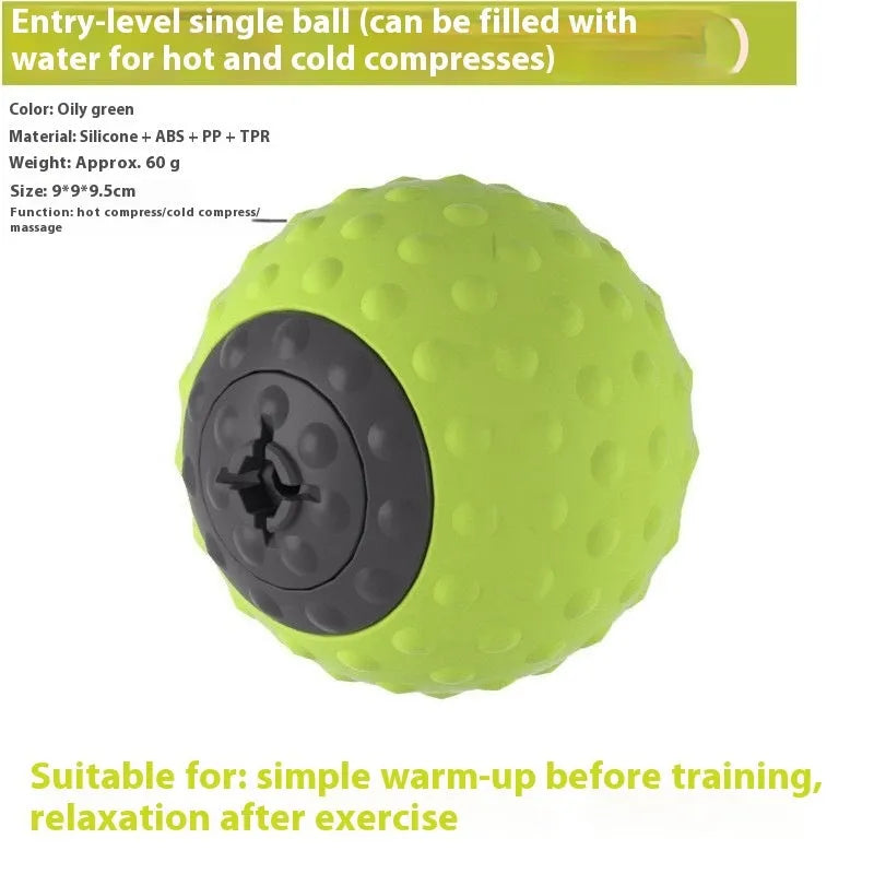 Massage ball set with hot cold therapy compress in green and mocha colours for muscle relaxation
