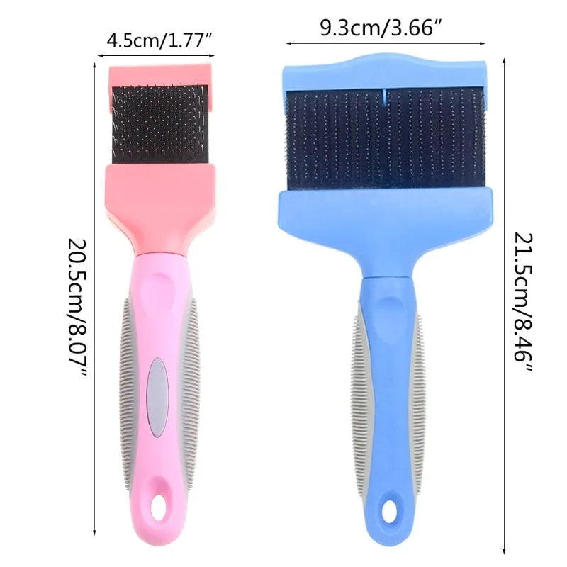 Blue double-sided pet brush with stainless steel pins and ergonomic handle on a white background.