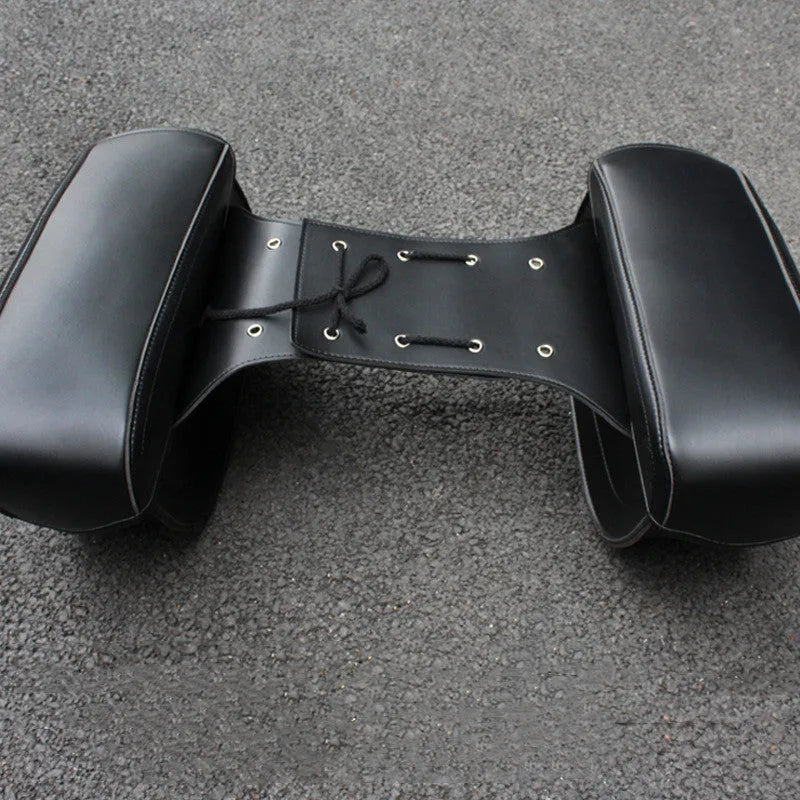 Retro style PU leather motorcycle saddlebag side box in black, dimensions 42cm x 15cm x 30cm