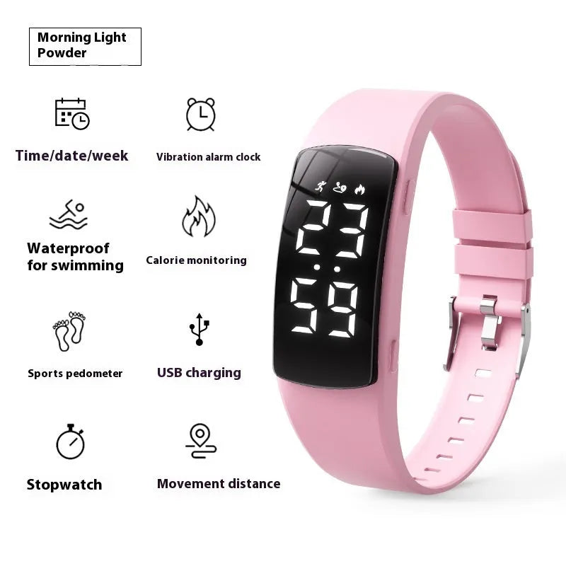 Vibration alarm waterproof electronic watch with coloured silicone strap and LED display.