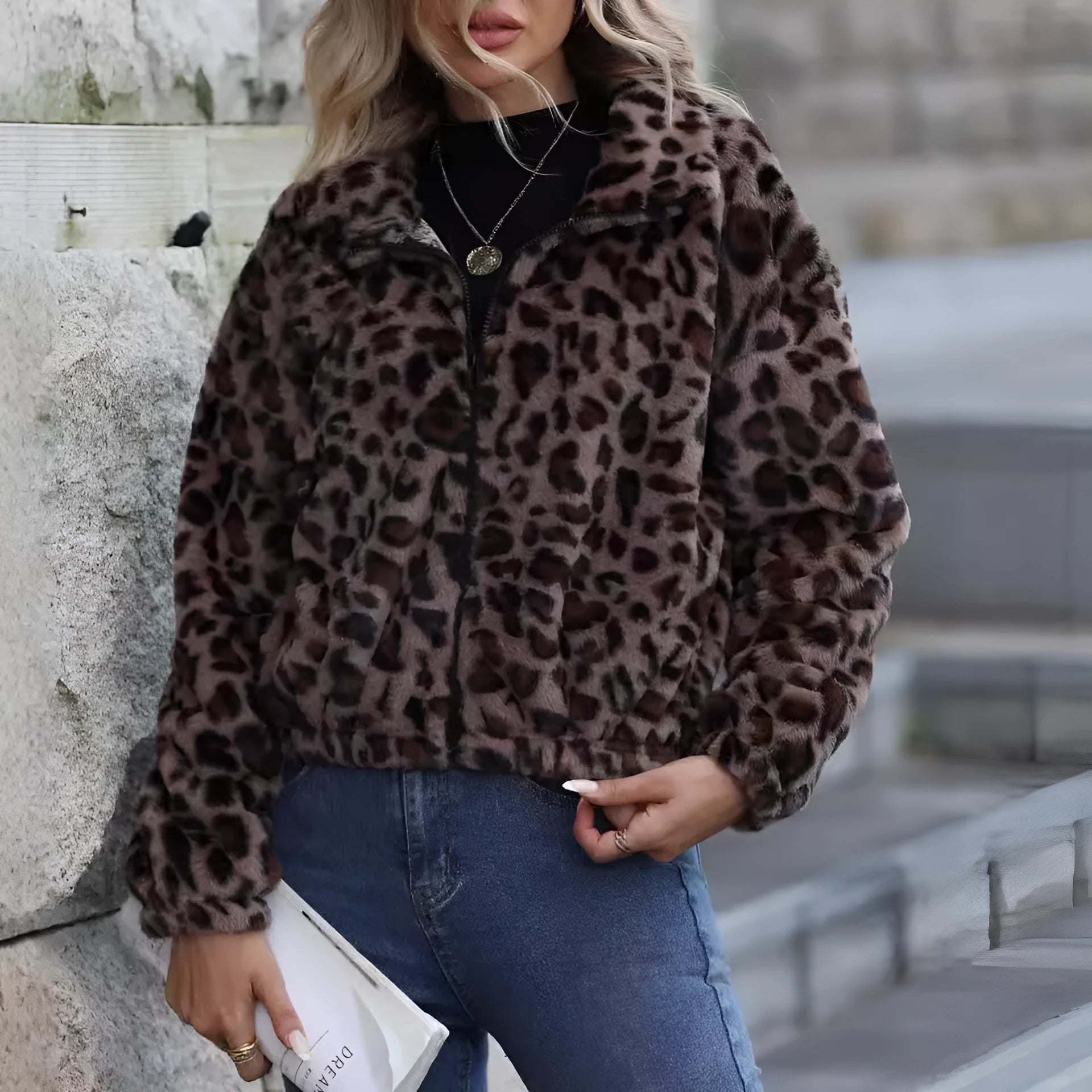 Women's loose fit leopard print coat with rabbit fur plush fabric and full-length zipper