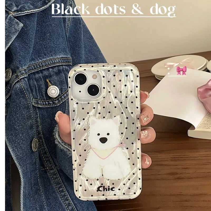 Polka dot West Highland dog TPU phone case for Apple iPhone, anti-fall soft shell in white and black