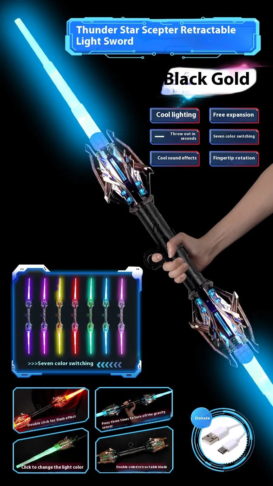 Thunder Flame double-edged retractable laser toy knife in ABS plastic, educational Children's Day gift, multiple colour styles