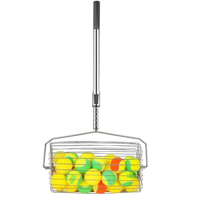 Stainless steel tennis ball roller picker with adjustable handle on a court.