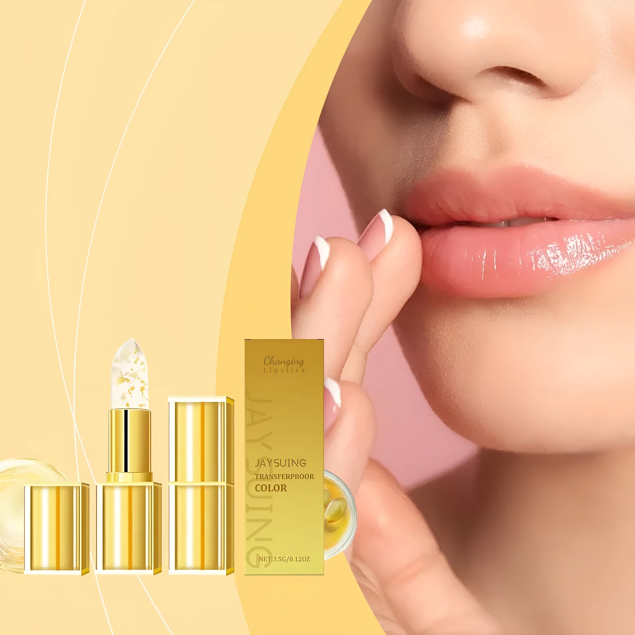 Gold foil nourishing lipstick bullet in a 2.6cm diameter case, net weight 3.5g.