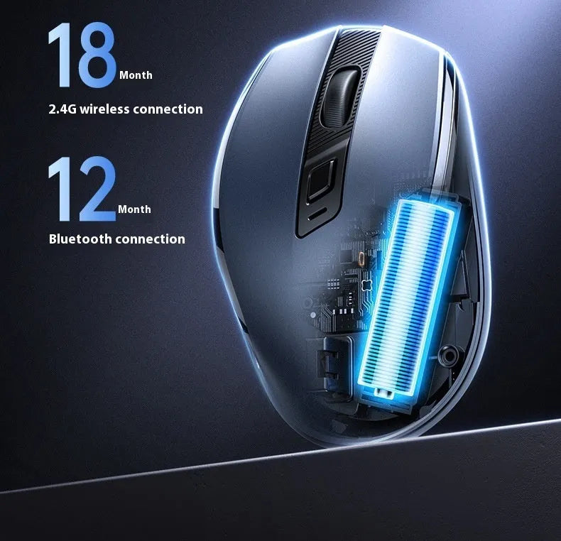 Black wireless Bluetooth dual mode silent mouse with side silicone finger rest for laptop office use