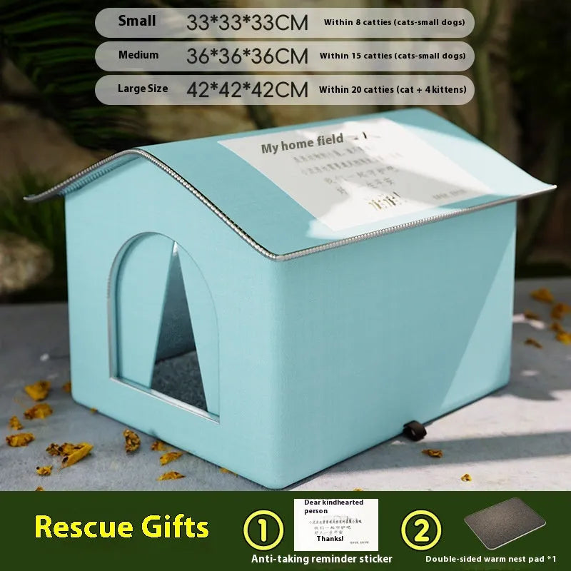 Winter waterproof stray cat nest tent in blue with optional fixed bracket, outdoor use, cloth material.