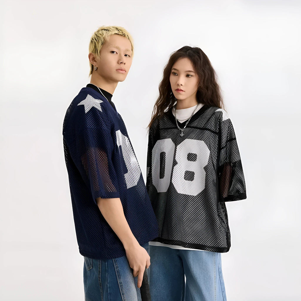 Half sleeve loose pullover shirt with letter pattern in black or navy blue colour