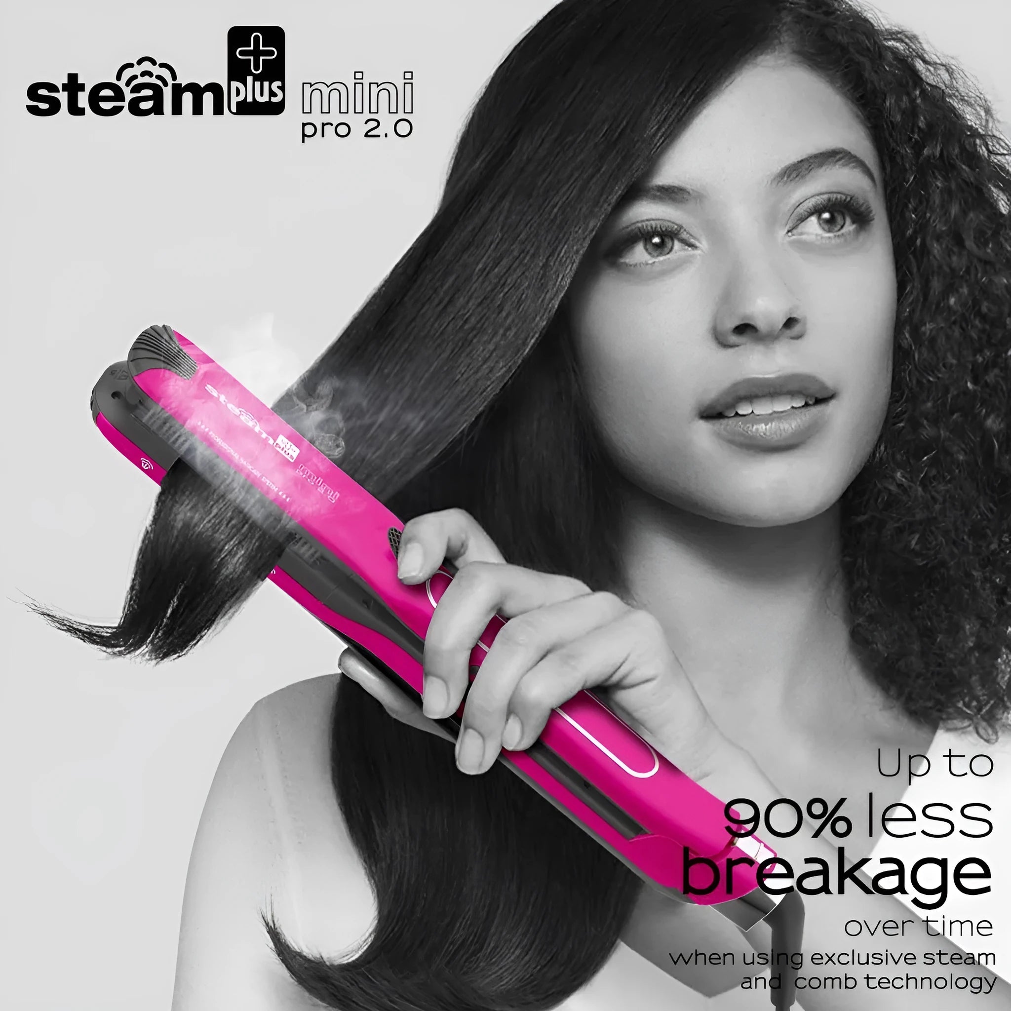Mini steam spray hair straightener and curling iron in purple, rose red, or champagne colour with wired power cord.