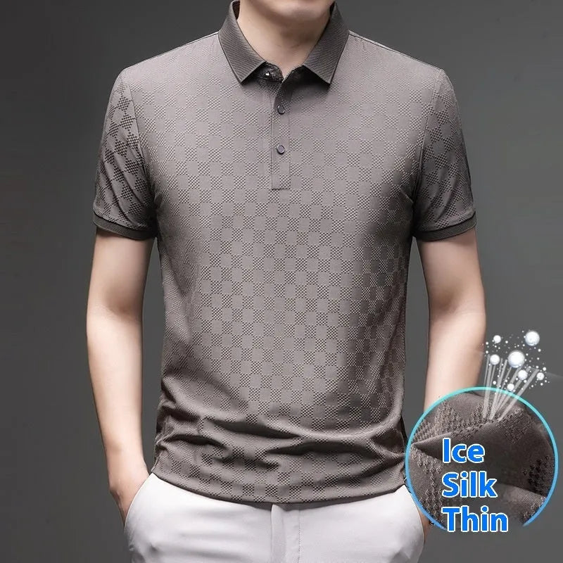 Rhombus patterned thin ice silk short sleeve T-shirt in black, featuring a slit detail on the hem.