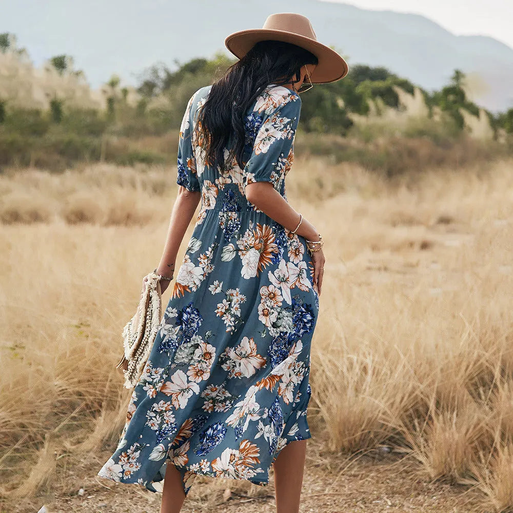 Women's floral summer dress with V neck and elastic waist in yellow colour
