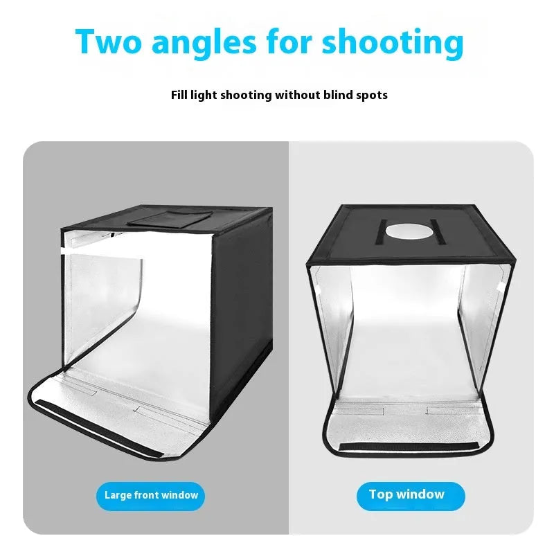 50cm studio light box with metal frame, reflective cloth interior, and USB cable for product photography.