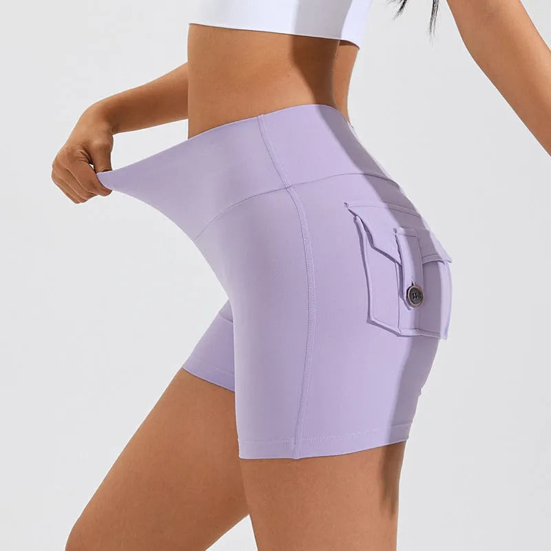Women's high waist hip lifting sports shorts with pockets in quick-dry nylon fabric