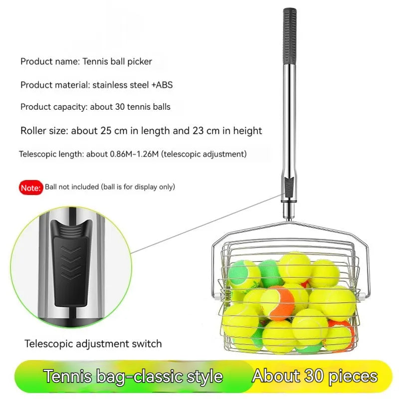 Stainless steel tennis ball roller picker with adjustable handle on a court.