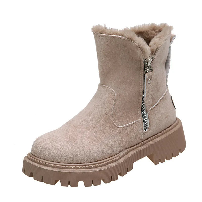 Black high-top women's snow boots with side zipper and faux fur cuff