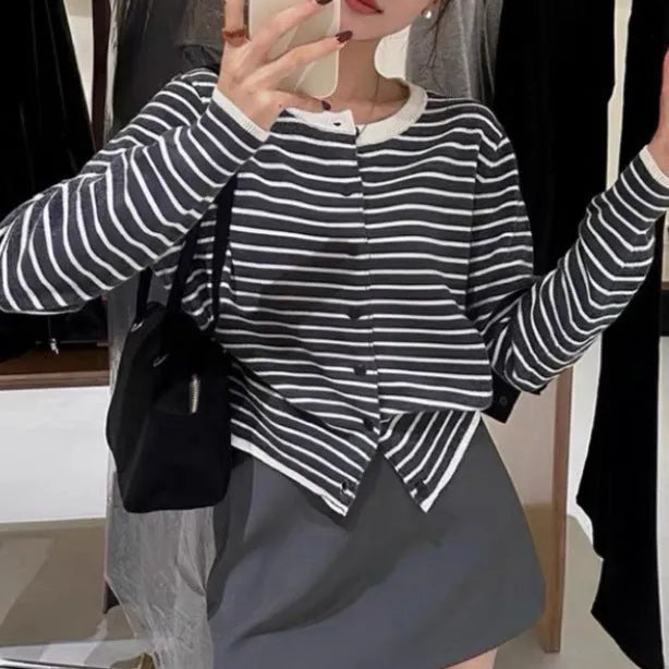 Dark grey and white striped women's viscose cardigan coat with long sleeves and a slim fit.