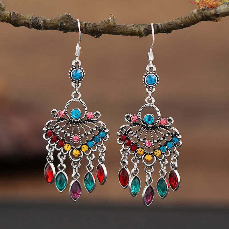 Retro crystal long fringe earrings in drop shape with smart water drop purple colour