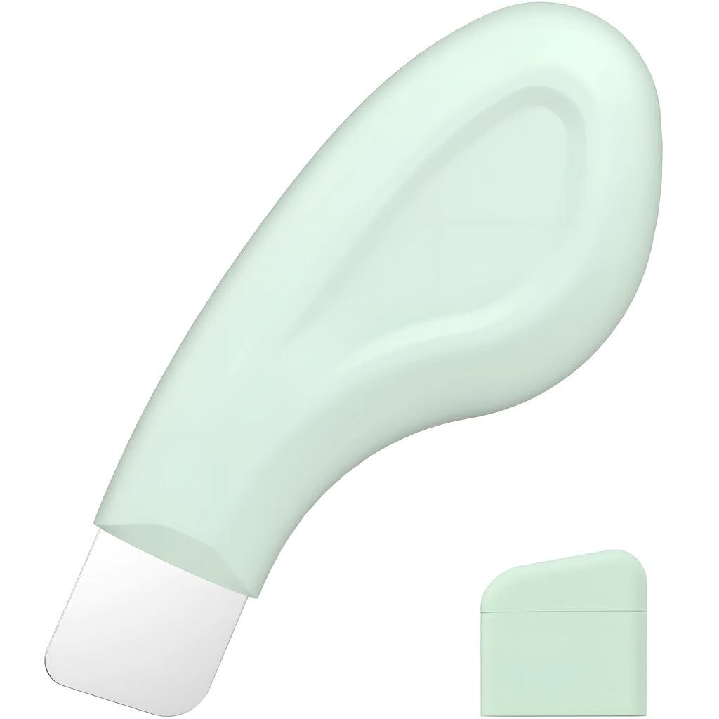Stainless steel facial pore scraper and blackhead removal tool with a non-slip handle.
