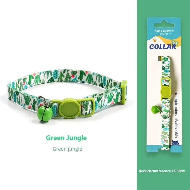 Woven polyester cat collar with anti-suffocation safety buckle and bell in green jungle colour grid pattern