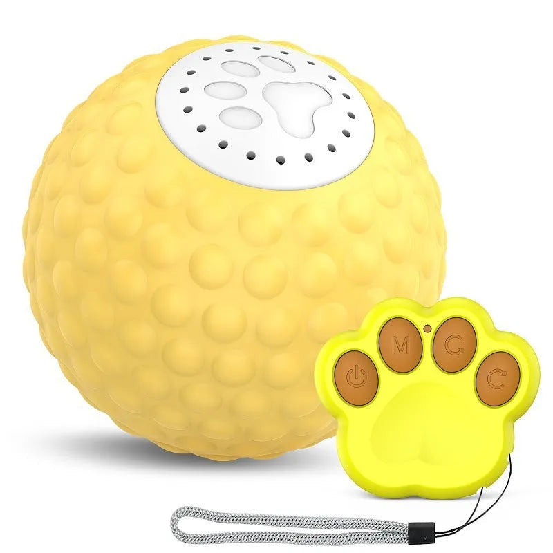 Remote control cat toy with rolling ball in blue, green, and yellow colour options