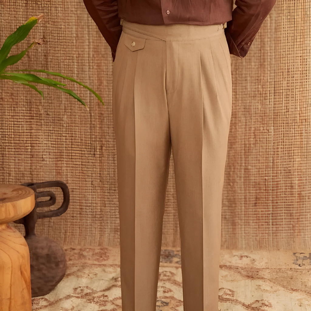 Men's slim fit business casual trousers in polyester available in dark grey, light brown and light apricot