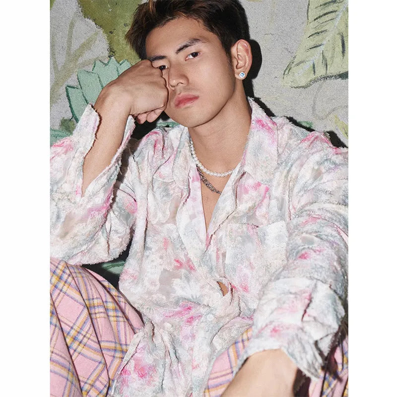 American floral embossed long sleeve shirt in chemical fibre blend fabric, loose fit design
