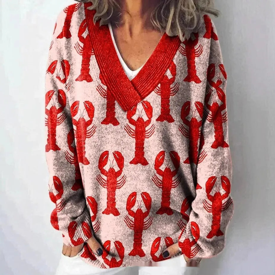 Women's floral pattern printed V-neck sweatshirt with 3D effect and long sleeves