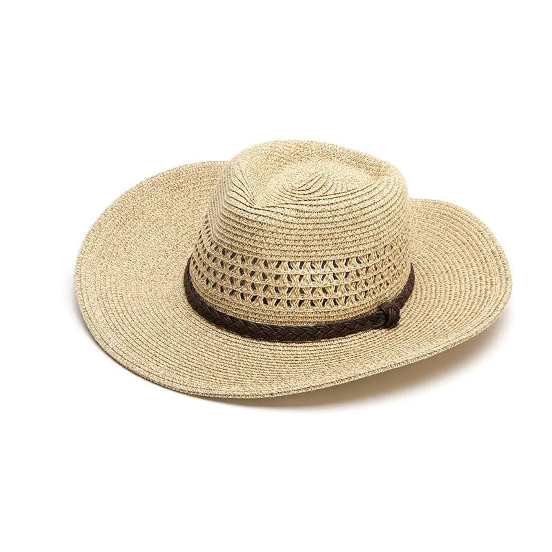 Men's foldable straw sun hat with wide brim in beige colour showing folded and unfolded positions