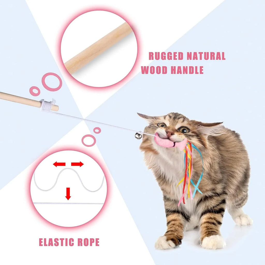 Wooden cat wand toy with colourful ribbons, catnip fish and bell attachment for interactive indoor play