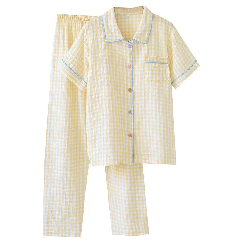 Washed cotton double-layer gauze short-sleeved trouser suit in Flower Sea pattern with matching top