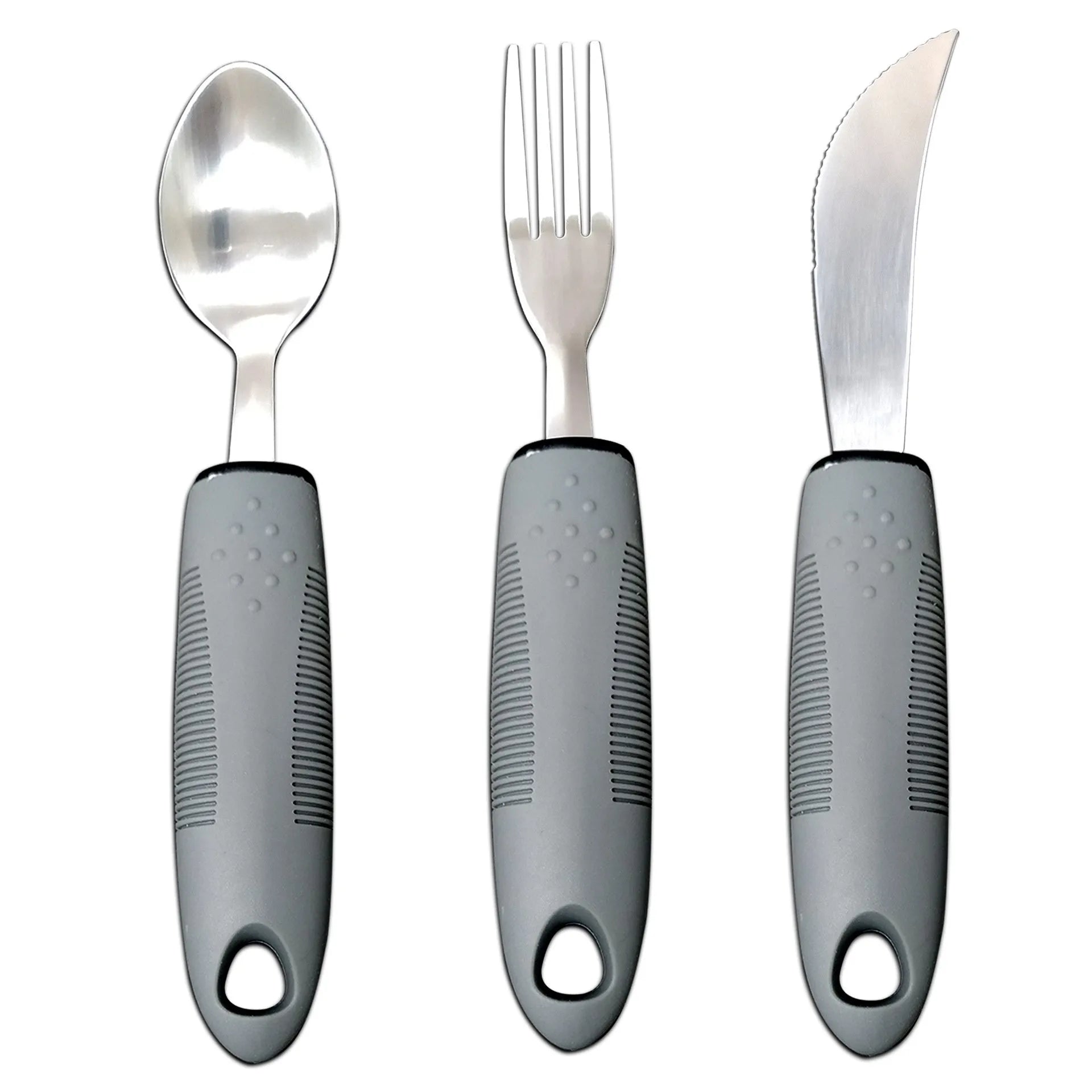 Stainless steel adaptive tableware with rubber handles in black and grey curved and straight designs