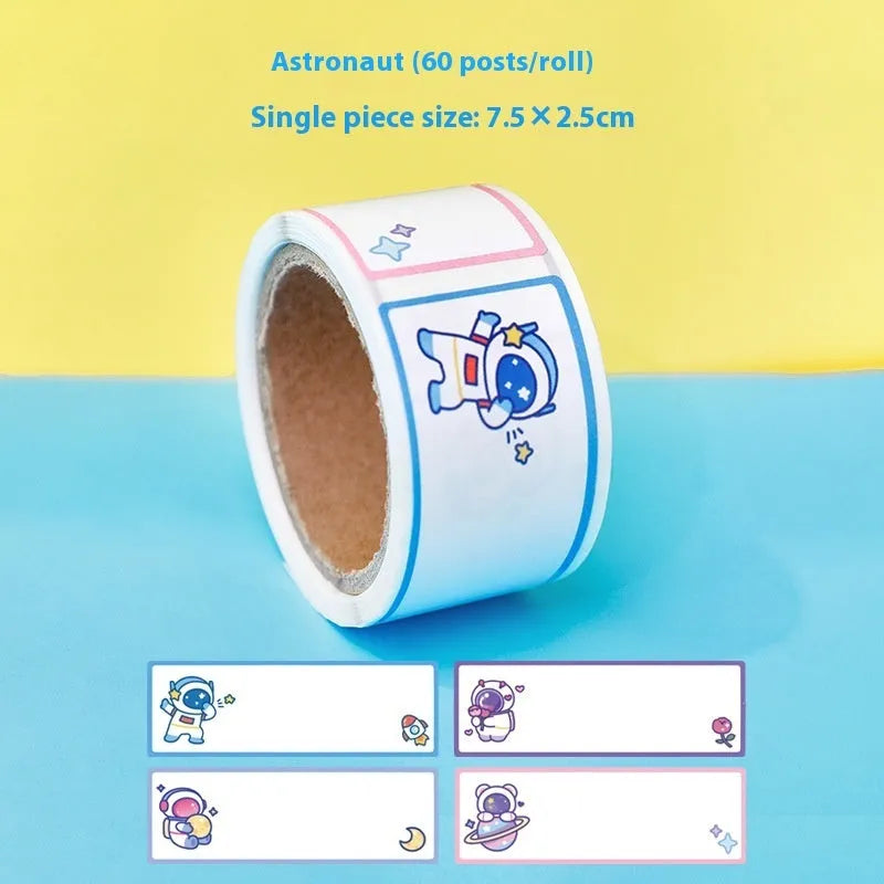 Cartoon tape name labels roll with dinosaur astronaut rabbit girl designs for student organisation