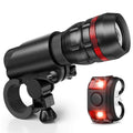 Bicycle headlight and taillight set with quick-release mounting bracket on a bike.