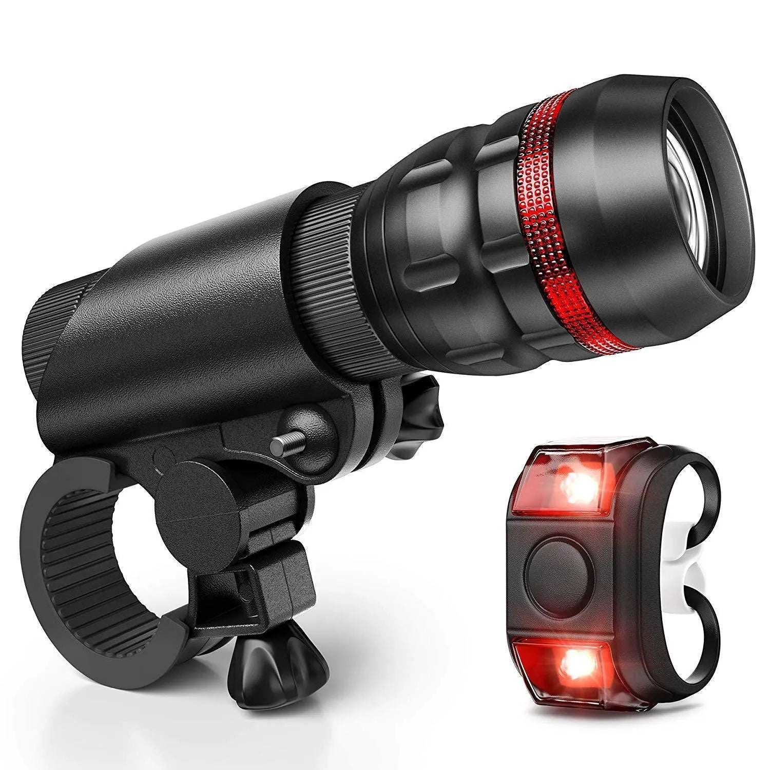 Bicycle headlight and taillight set with quick-release mounting bracket on a bike.