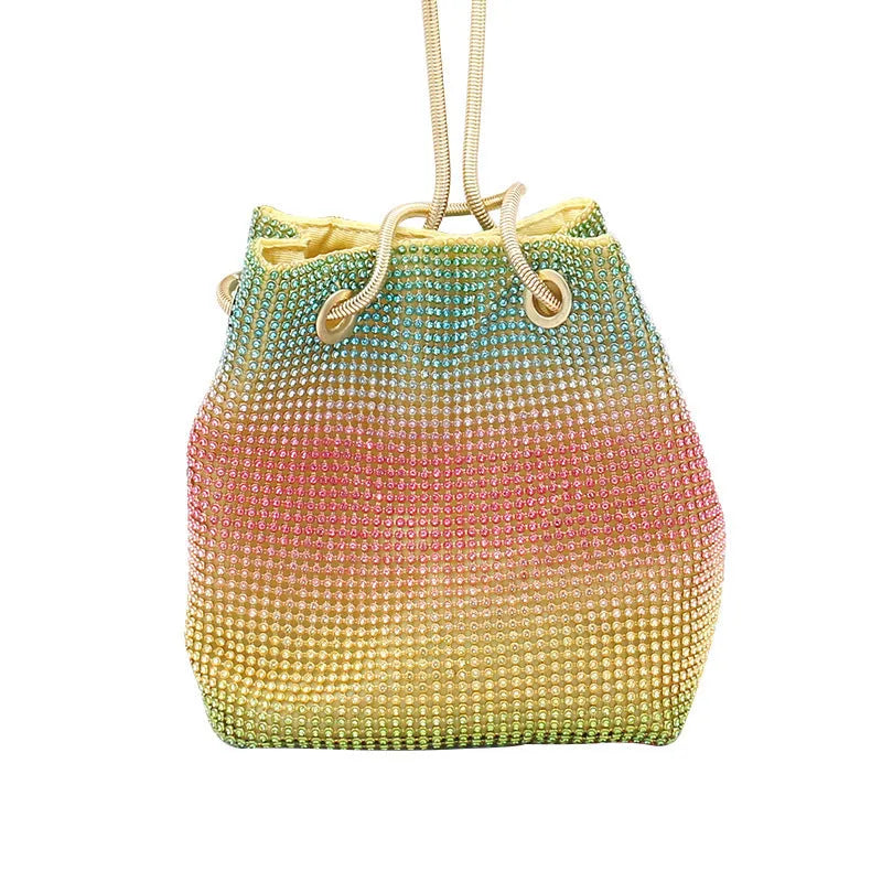Net red rhinestone bucket bag with diamond texture and soft fabric construction