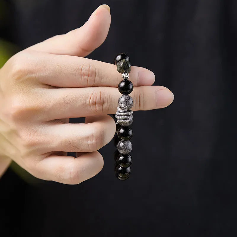 Men's retro 925 sterling silver bracelet with 10mm black obsidian snake crystal.
