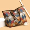 Women's large capacity PVC shoulder bag in blue brown colour with sandwich pocket design